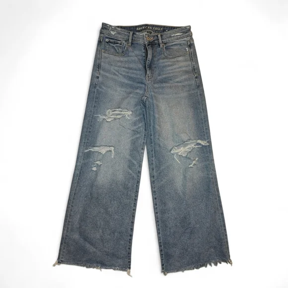 American Eagle Dreamy Drape High Waist Womens Wide Leg Blue Jeans Denim 8 Reg - Picture 1 of 8